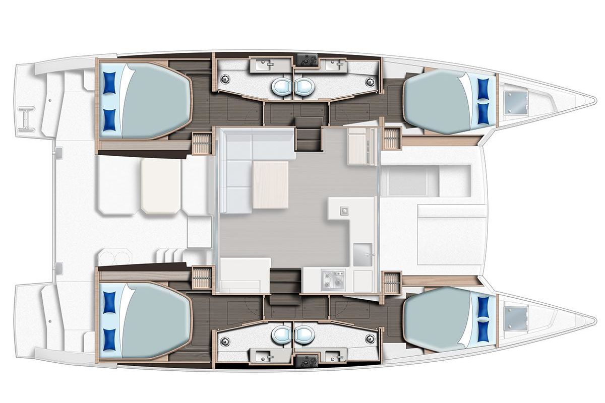 Floor plan of Moorings 4200/4 Exclusive, a Leopard 42 catamaran at Procida, Italy