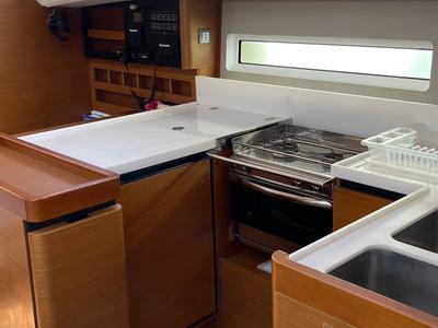 Galley of OLYMPIA, a Jeanneau Sun Odyssey 440 sailboat at Skiathos, Greece