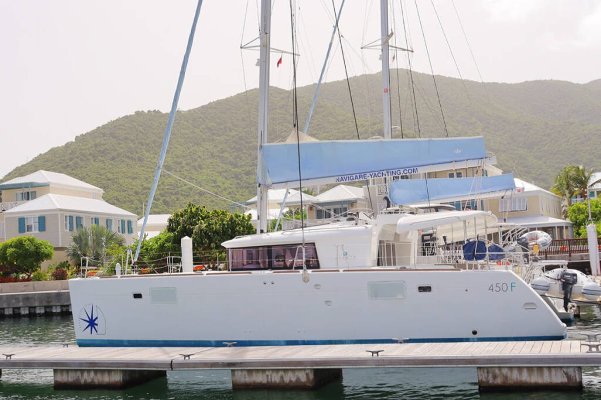 Exterior view of Moët, a Lagoon 450 F catamaran at Road Town, British Virgin Islands
