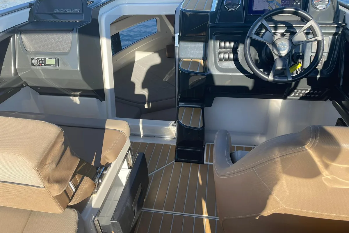 Cockpit of Quick, a Quicksilver Activ 755 CR motorboat at Tribunj, Croatia