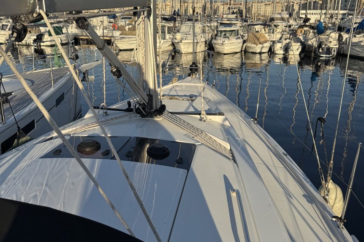 Deck of Bayolia, a Hanse Yachts Hanse 348 sailboat at Marseille, France