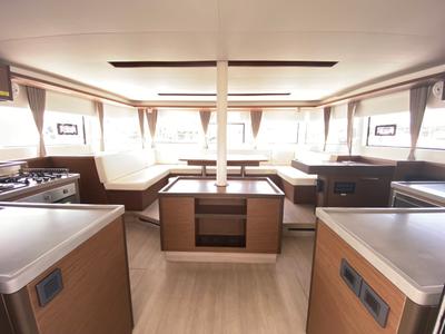 Salon of Coraline, a Lagoon 50 catamaran at Tonnarella, Italy