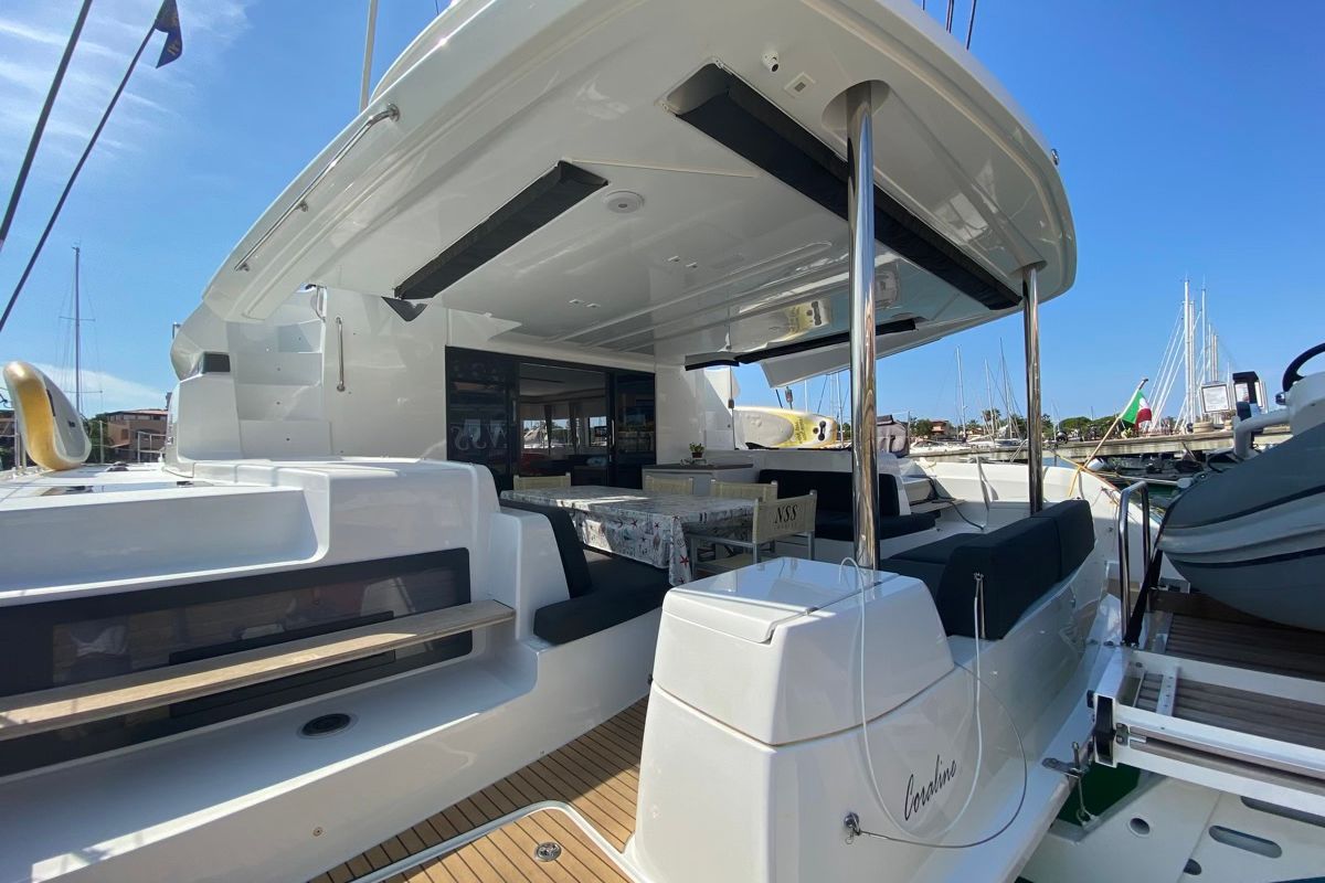 Deck of Coraline, a Lagoon 50 catamaran at Tonnarella, Italy