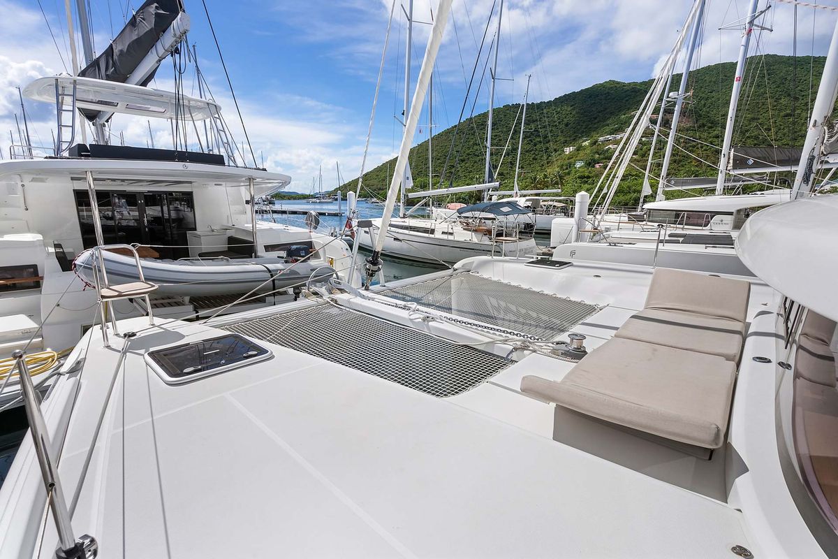 Deck of Casbah III, a Lagoon 42 OW catamaran at Road Town, British Virgin Islands