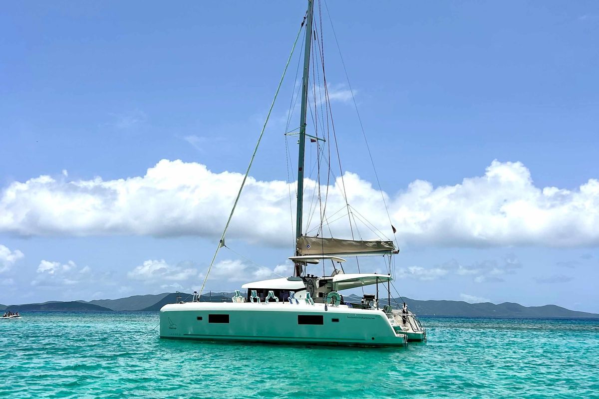 Exterior view of Casbah III, a Lagoon 42 OW catamaran at Road Town, British Virgin Islands