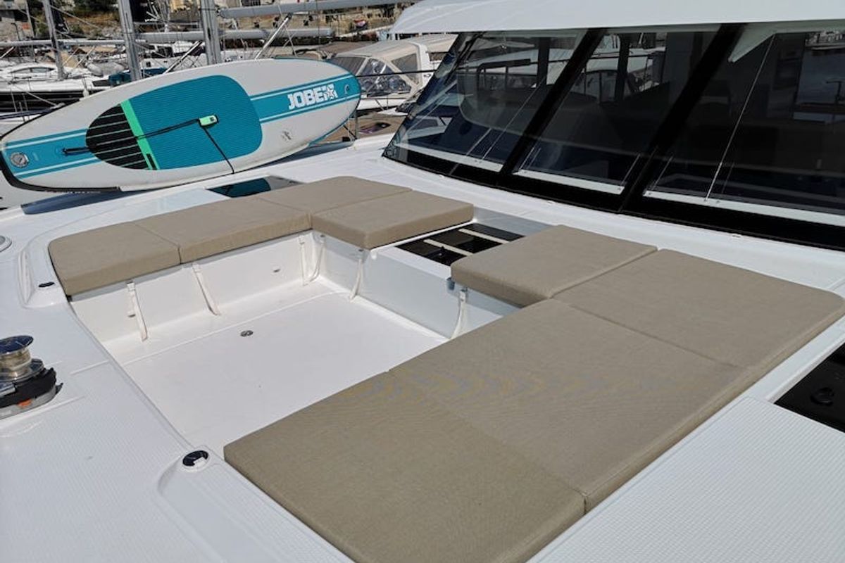 Deck of Alpha Centauri, a Fountaine Pajot MY44 catamaran at Grad Šibenik, Croatia