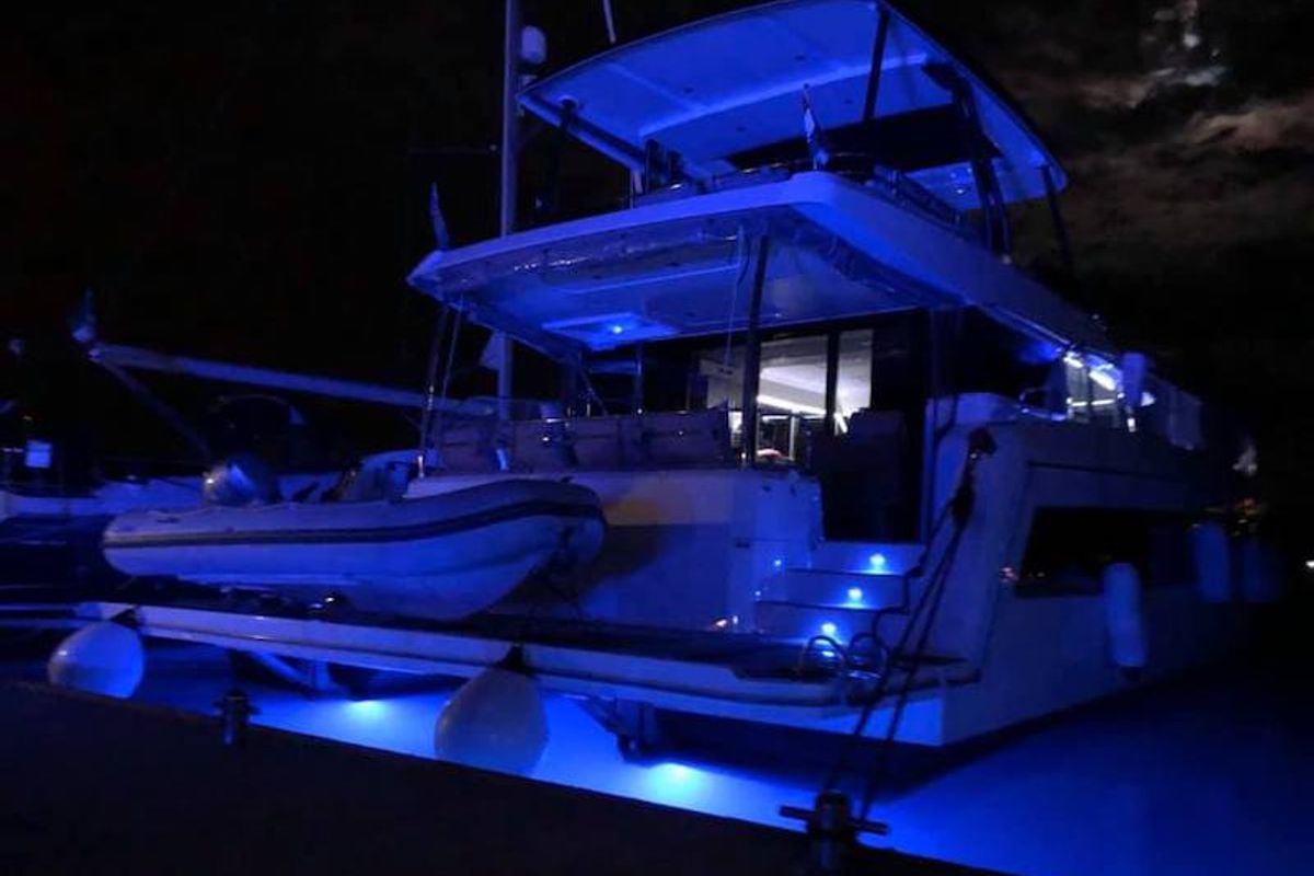Exterior view of Alpha Centauri, a Fountaine Pajot MY44 catamaran at Grad Šibenik, Croatia
