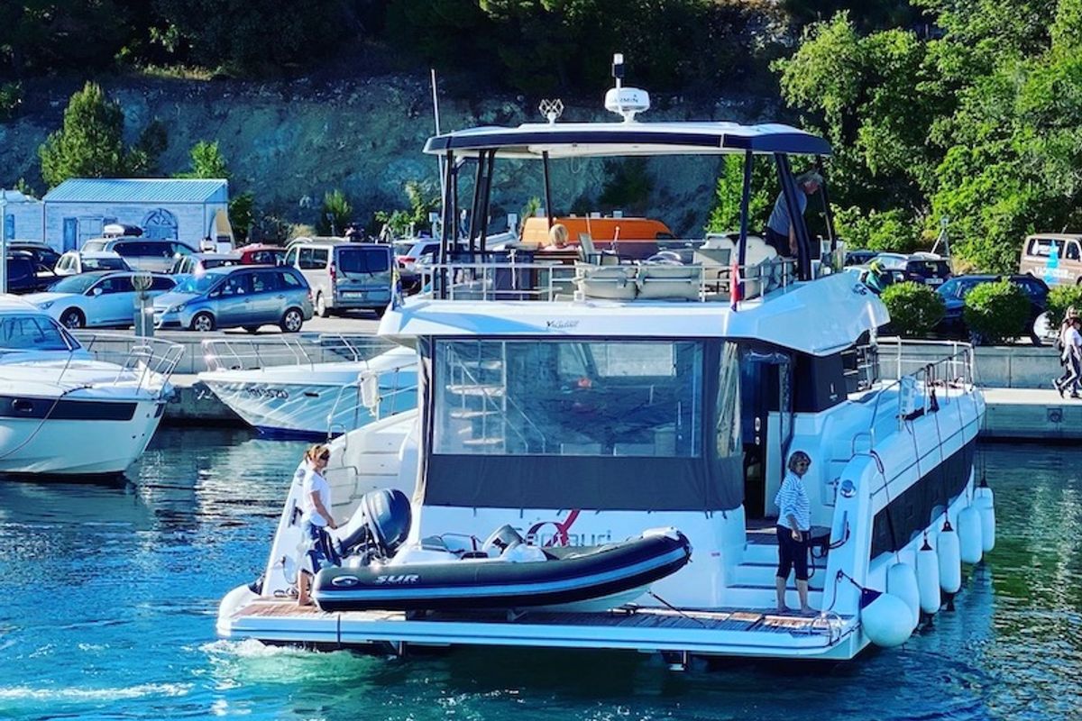 Exterior view of Alpha Centauri, a Fountaine Pajot MY44 catamaran at Grad Šibenik, Croatia