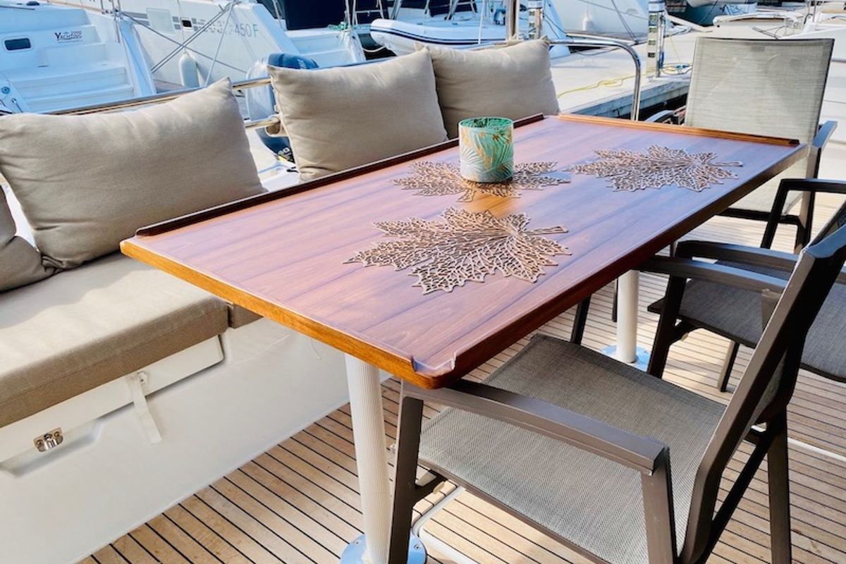 Deck of Alpha Centauri, a Fountaine Pajot MY44 catamaran at Grad Šibenik, Croatia