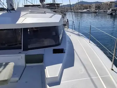 Deck of White Pearl, a Bali 4.2 catamaran at La Favière, France