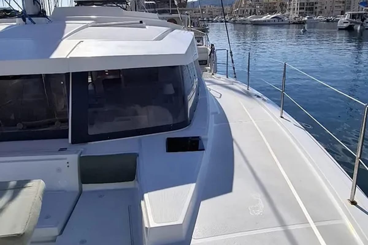 Deck of White Pearl, a Bali 4.2 catamaran at La Favière, France