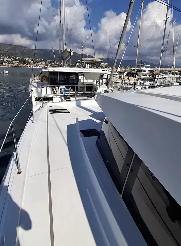 Deck of White Pearl, a Bali 4.2 catamaran at La Favière, France