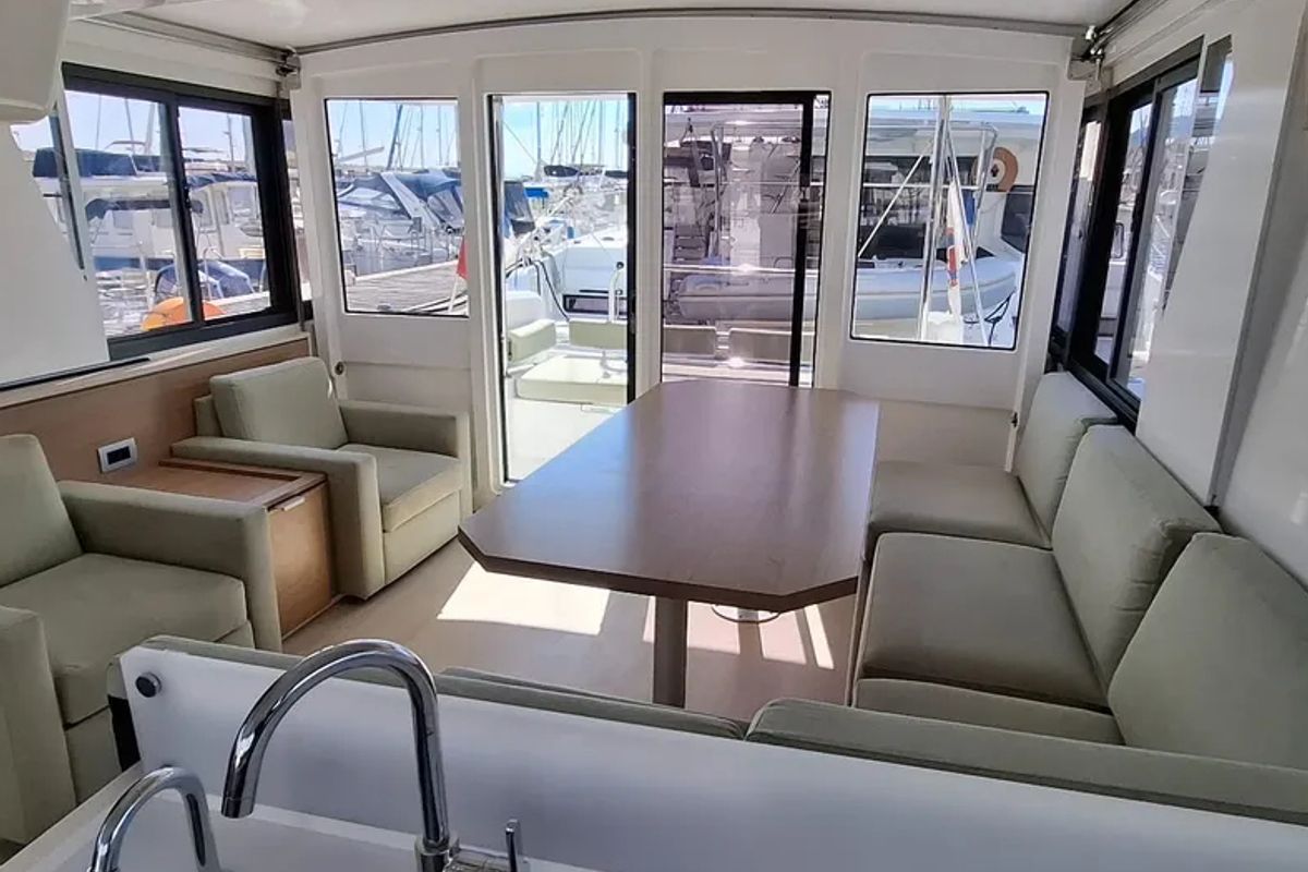 Salon of White Pearl, a Bali 4.2 catamaran at La Favière, France