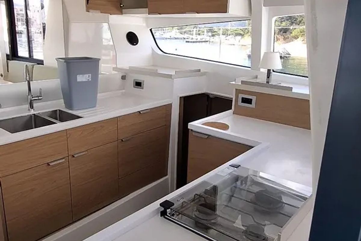 Galley of White Pearl, a Bali 4.2 catamaran at La Favière, France