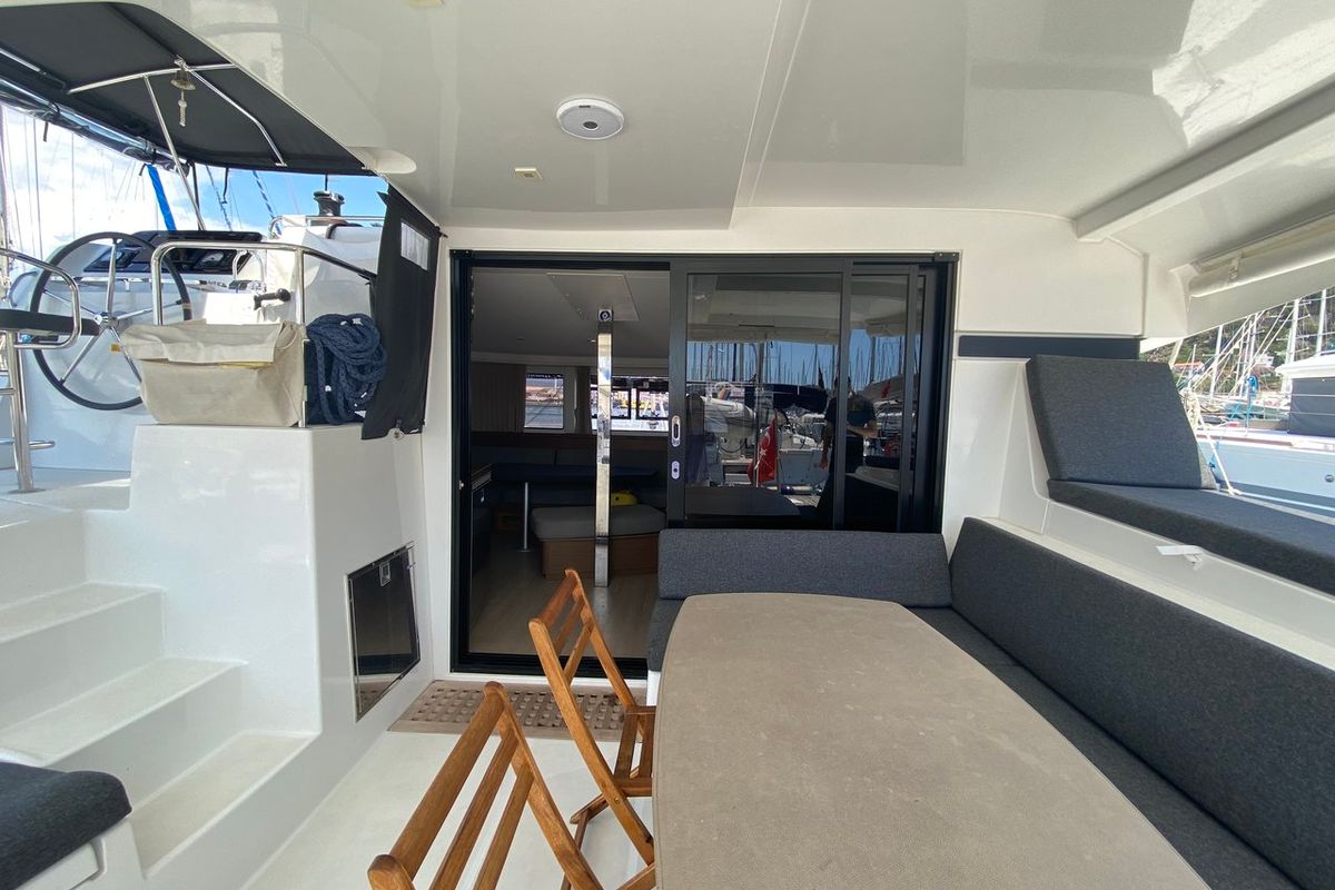 Deck of Day Dream, a Lagoon 42 catamaran at Fethiye, Turkey