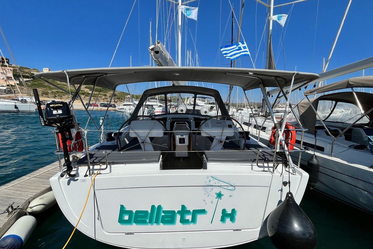 Exterior view of Bellatrix, a Hanse Yachts Hanse 458 sailboat at Lavreotiki Municipal Unit, Greece