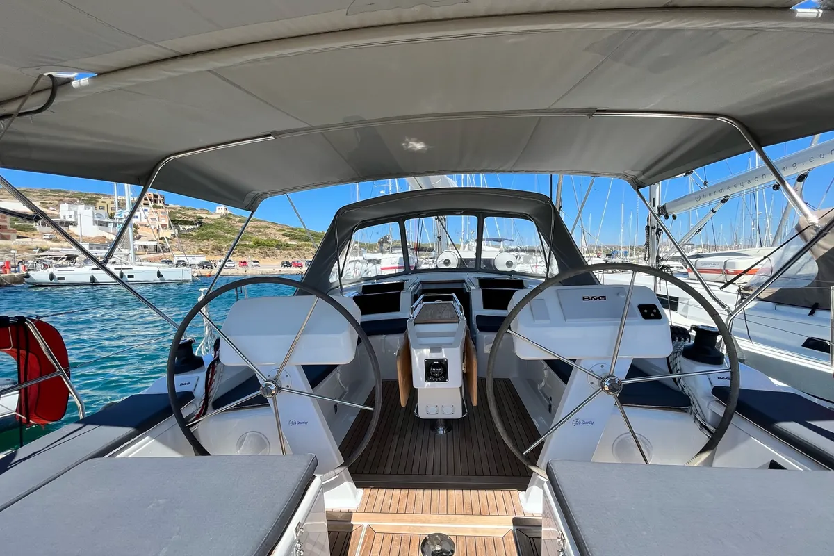 Cockpit of Bellatrix, a Hanse Yachts Hanse 458 sailboat at Lavreotiki Municipal Unit, Greece