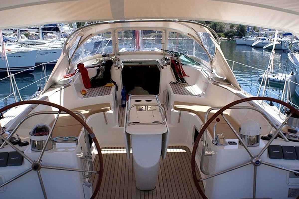 Cockpit of Windward Spirit, a Jeanneau Sun Odyssey 54 DS sailboat at Ribishi, Saint Vincent and the Grenadines