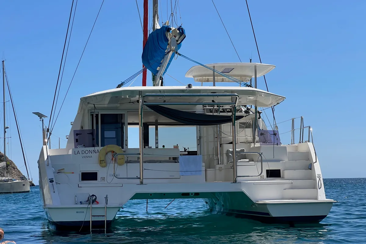 Exterior view of La Donna, a Leopard 40 catamaran at Alghero, Italy