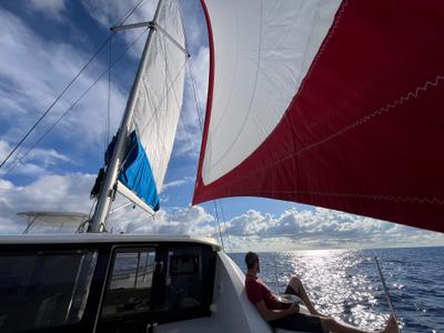 Exterior view of La Donna, a Leopard 40 catamaran at Alghero, Italy