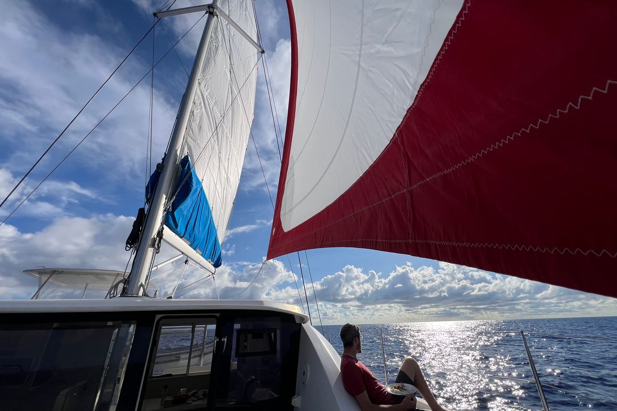 Exterior view of La Donna, a Leopard 40 catamaran at Alghero, Italy