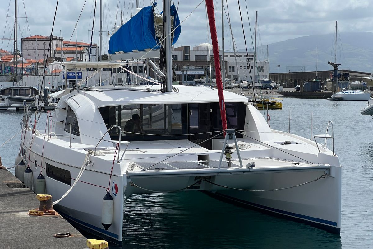 Exterior view of La Donna, a Leopard 40 catamaran at Alghero, Italy