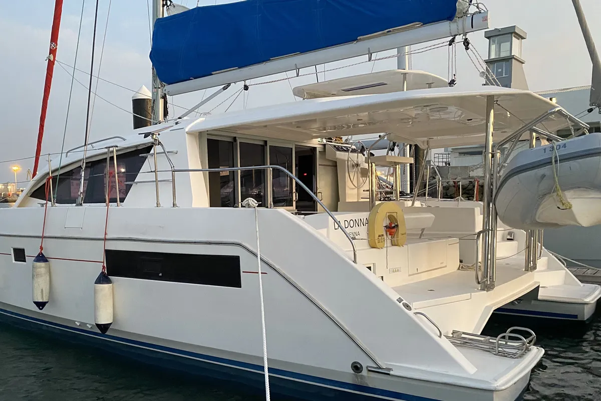 Exterior view of La Donna, a Leopard 40 catamaran at Alghero, Italy