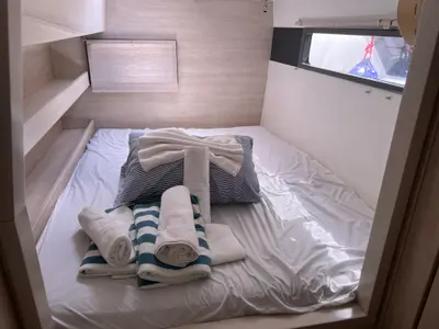Cabin on La Donna, a Leopard 40 catamaran at Alghero, Italy