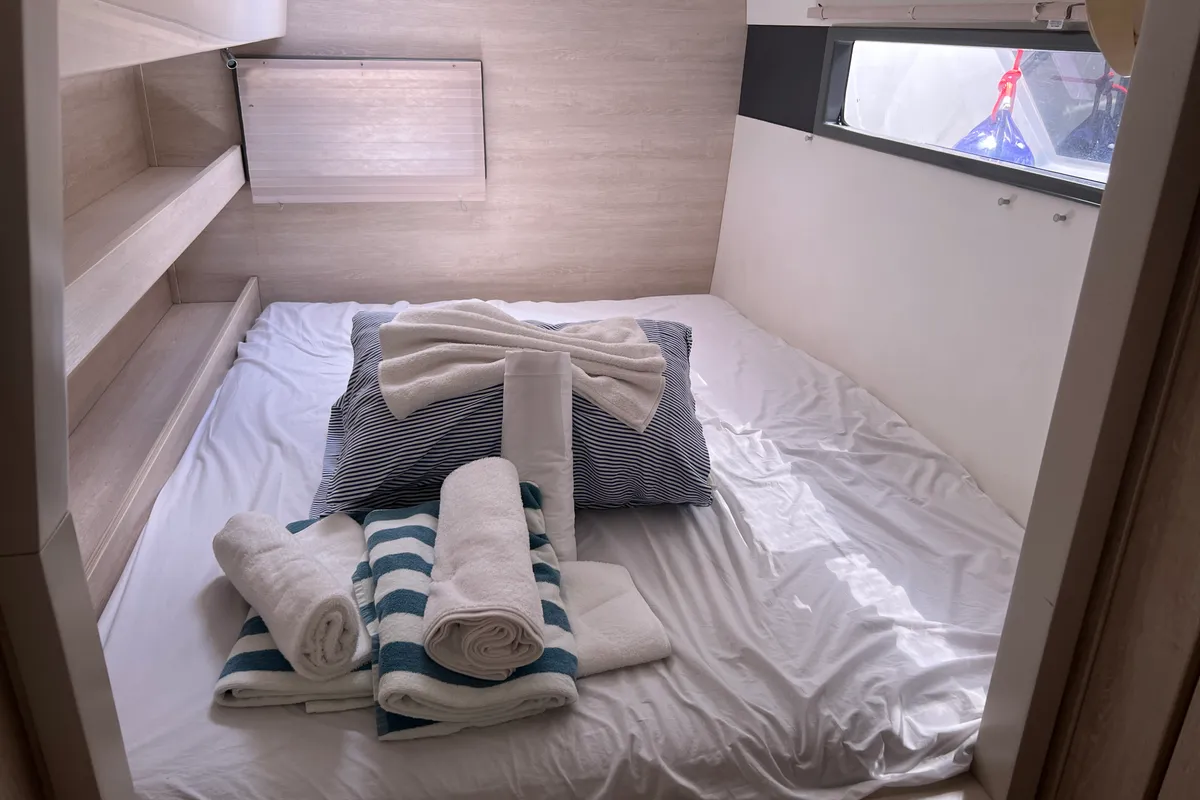 Cabin on La Donna, a Leopard 40 catamaran at Alghero, Italy