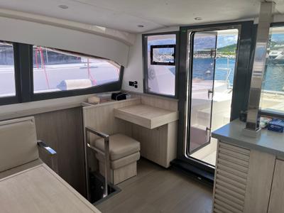 Salon of La Donna, a Leopard 40 catamaran at Alghero, Italy