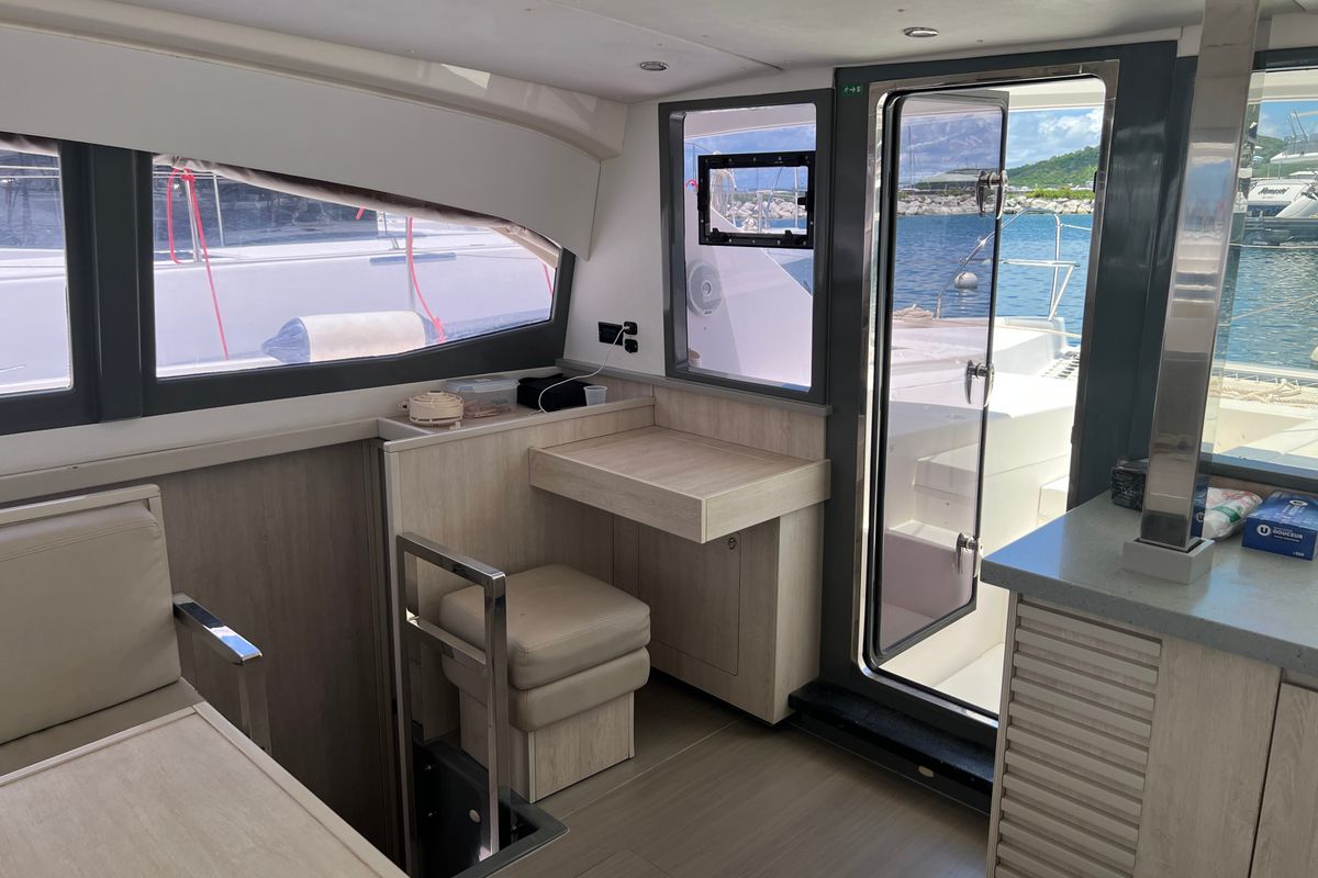 Salon of La Donna, a Leopard 40 catamaran at Alghero, Italy
