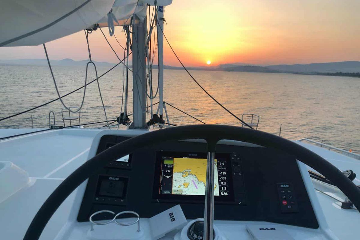 Cockpit of Aristofanis, a Lagoon 450 F catamaran at Municipal Unit of Lefkada, Greece