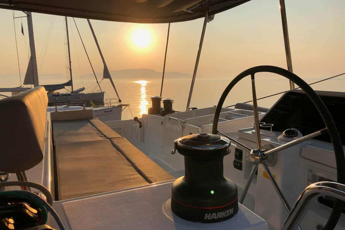 Cockpit of Aristofanis, a Lagoon 450 F catamaran at Municipal Unit of Lefkada, Greece