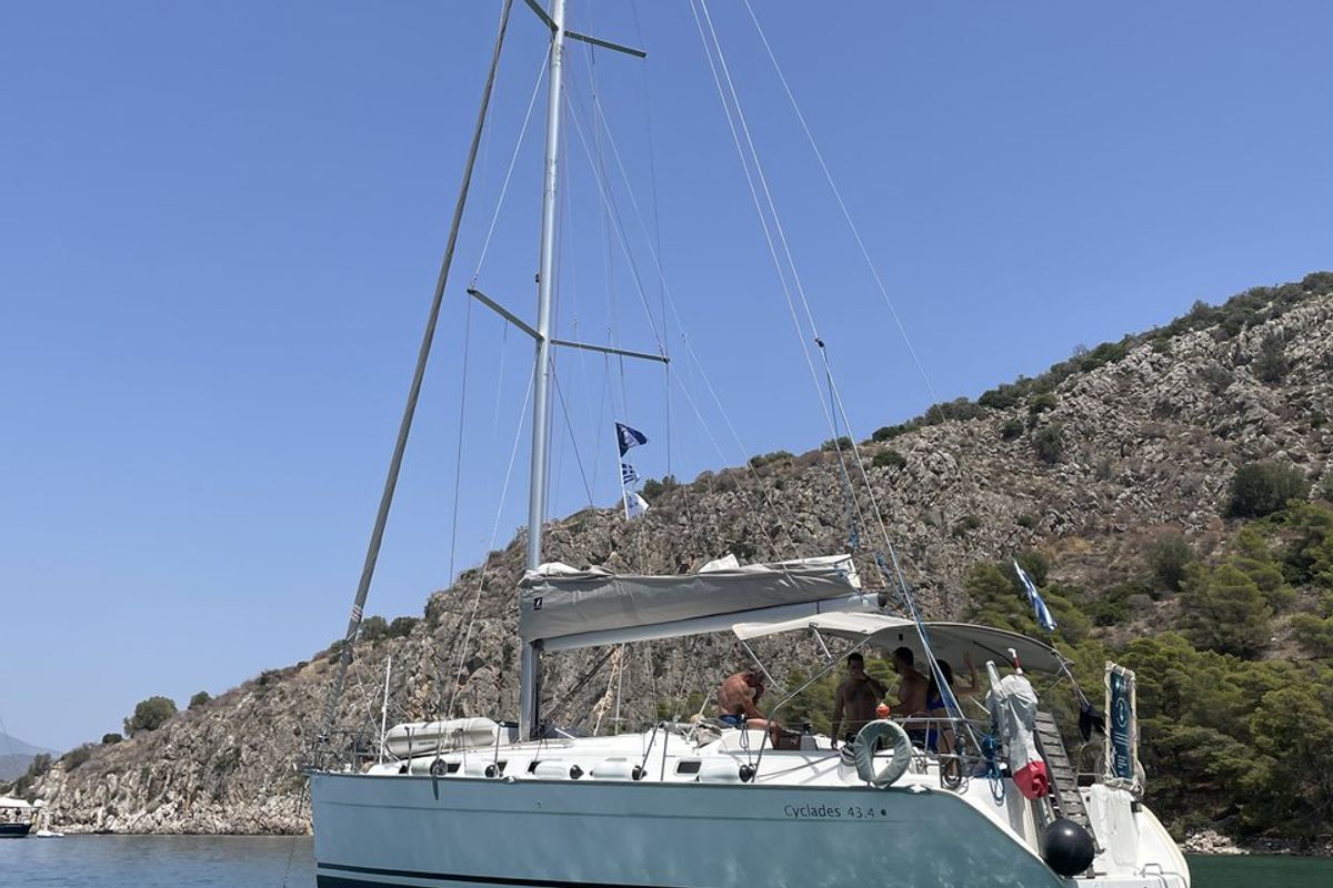 Exterior view of Too Lucky, a Beneteau Cyclades 43.4 sailboat at Sithonia Municipal Unit, Greece
