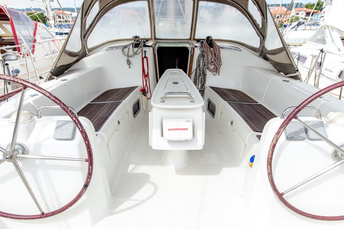 Cockpit of Too Lucky, a Beneteau Cyclades 43.4 sailboat at Sithonia Municipal Unit, Greece