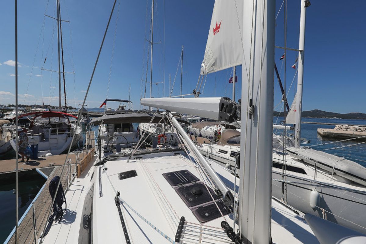 Deck of Jameson II, a Bavaria Cruiser 46 sailboat at Zadar, Croatia