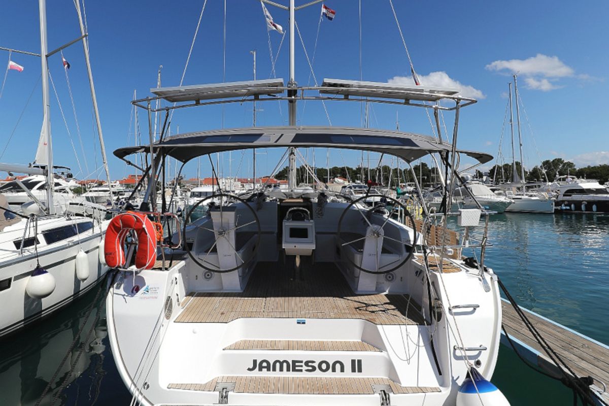 Exterior view of Jameson II, a Bavaria Cruiser 46 sailboat at Zadar, Croatia