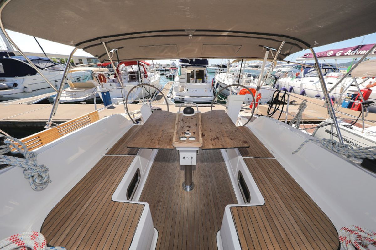 Deck of Jameson II, a Bavaria Cruiser 46 sailboat at Zadar, Croatia