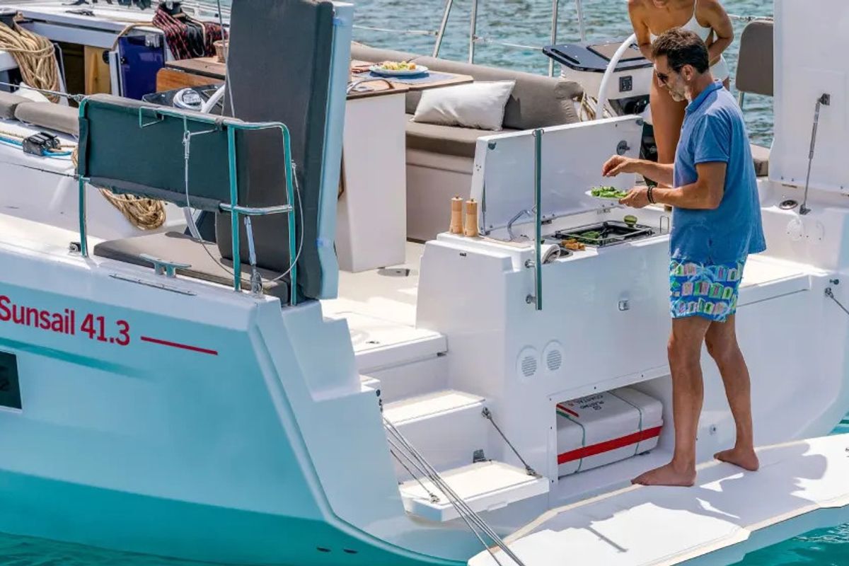 Deck of Sunsail 41.3 Premium Plus, a Dufour 41 sailboat at Općina Marina, Croatia