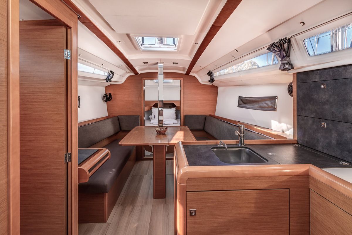 Salon of Pelias, a Jeanneau Sun Odyssey 349 sailboat at Municipal Unit of Palairos, Greece