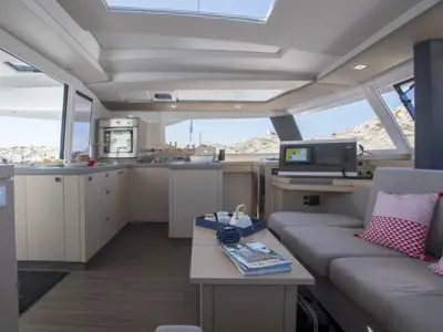 Salon of Rossa, a Fountaine Pajot Astrea 42 catamaran at Palermo, Italy