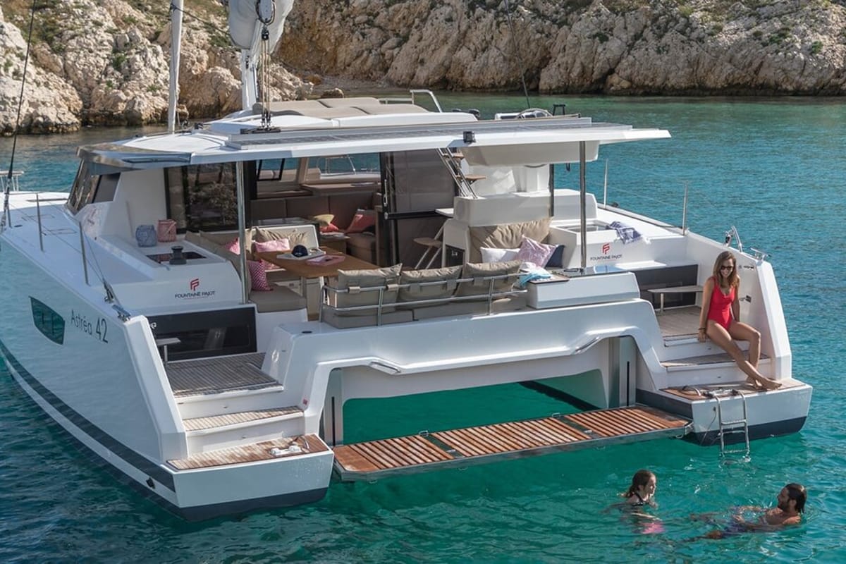 Exterior view of Rossa, a Fountaine Pajot Astrea 42 catamaran at Palermo, Italy
