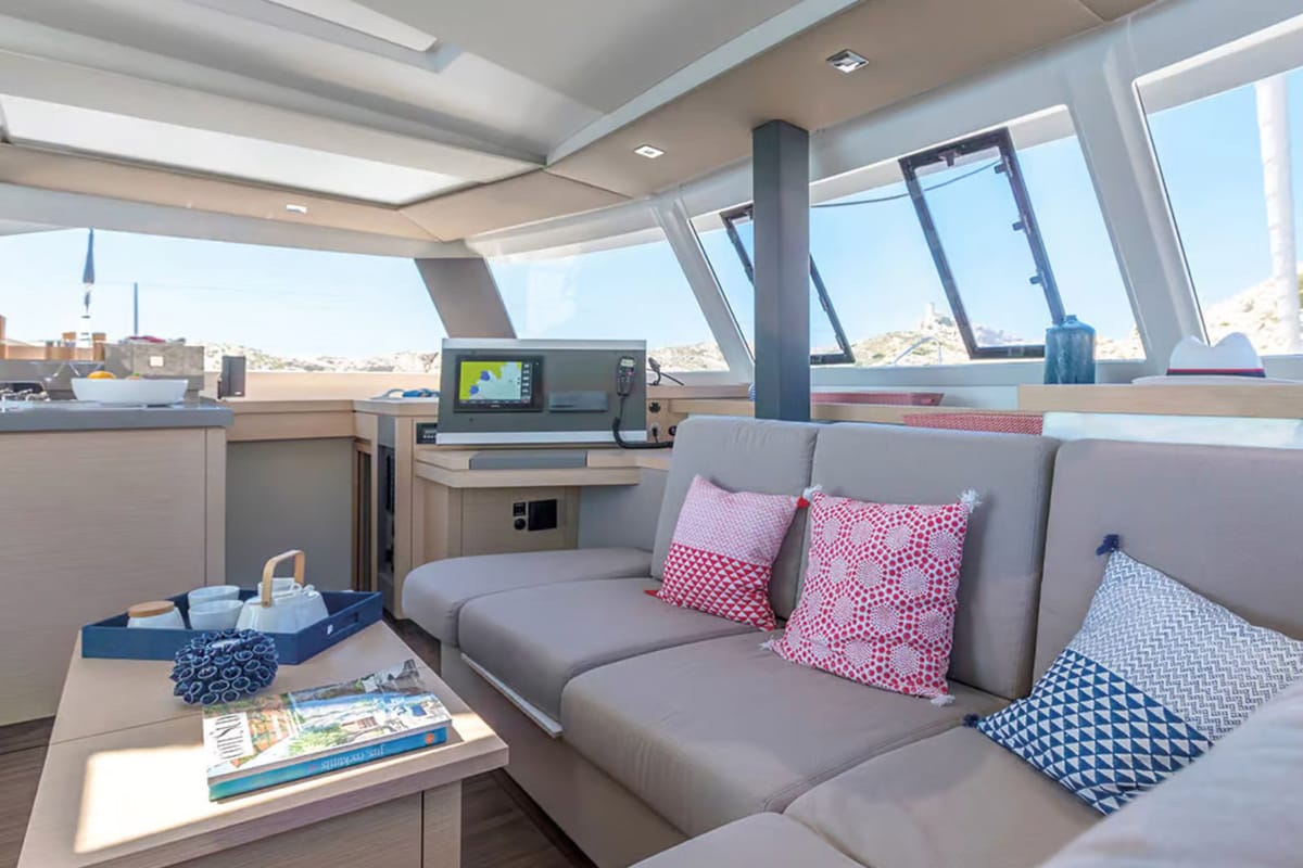 Salon of Rossa, a Fountaine Pajot Astrea 42 catamaran at Palermo, Italy