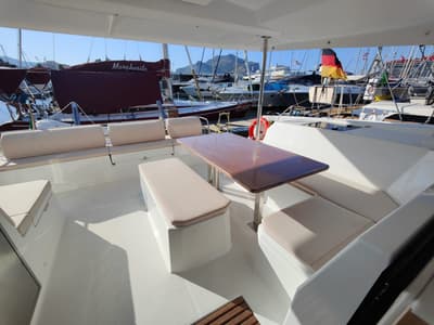 Deck of Rossa, a Fountaine Pajot Astrea 42 catamaran at Palermo, Italy
