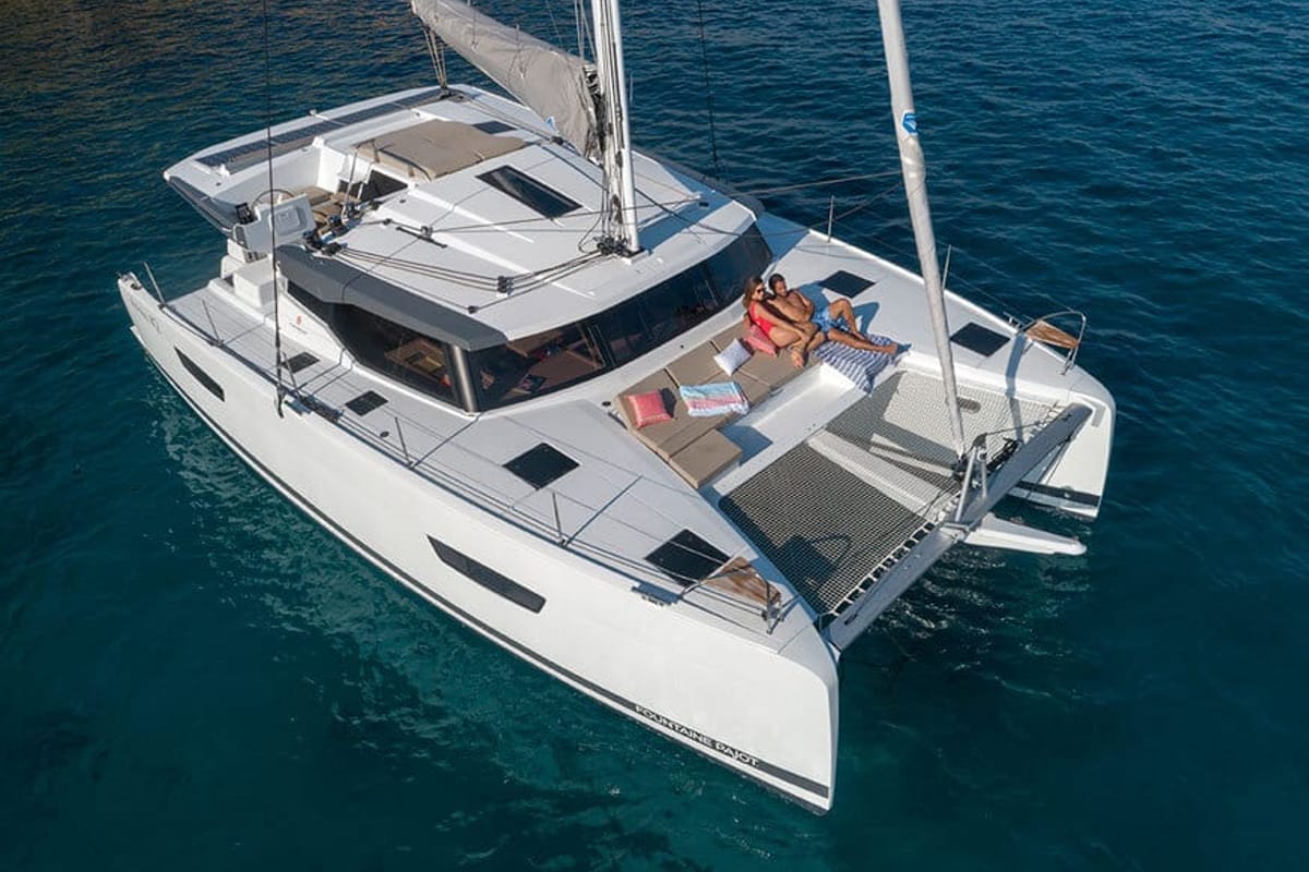 Exterior view of Rossa, a Fountaine Pajot Astrea 42 catamaran at Palermo, Italy