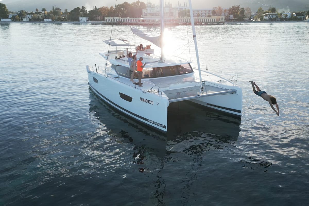 Exterior view of Rossa, a Fountaine Pajot Astrea 42 catamaran at Palermo, Italy