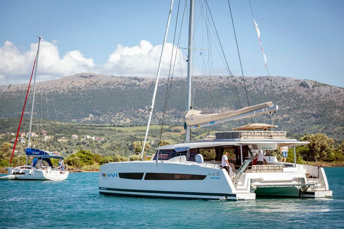 Exterior view of Gentle Giant, a Fountaine Pajot Aura 51 catamaran at Municipal Unit of Lefkada, Greece