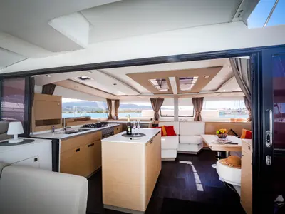 Salon of Gentle Giant, a Fountaine Pajot Aura 51 catamaran at Municipal Unit of Lefkada, Greece