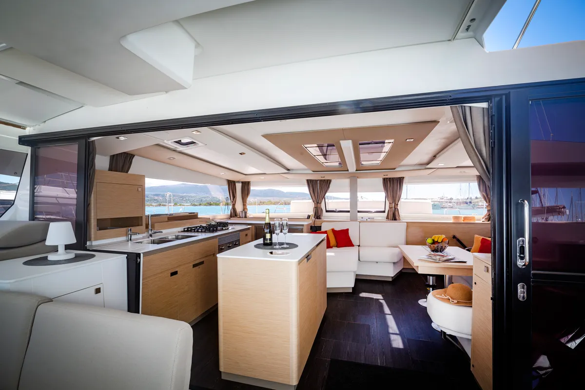 Salon of Gentle Giant, a Fountaine Pajot Aura 51 catamaran at Municipal Unit of Lefkada, Greece