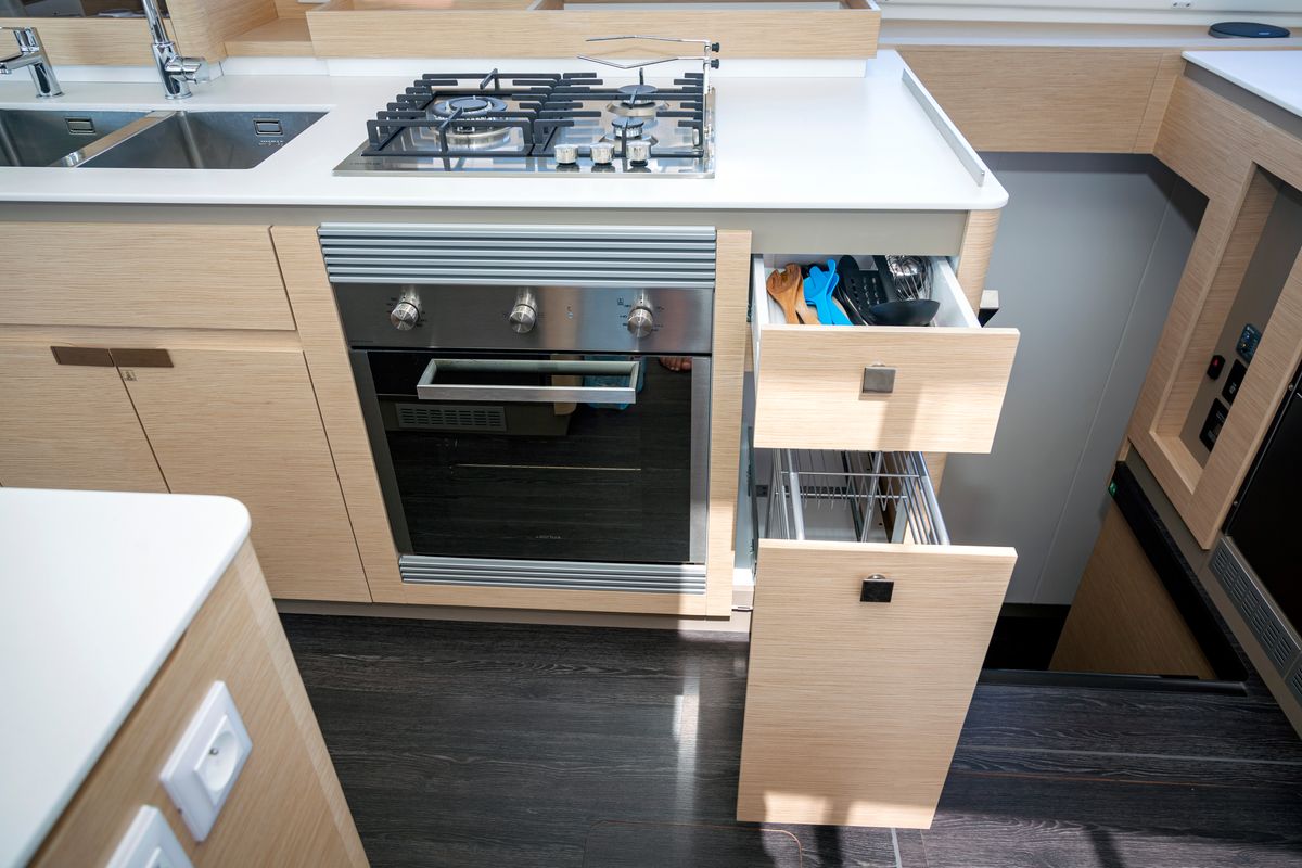 Galley of Gentle Giant, a Fountaine Pajot Aura 51 catamaran at Municipal Unit of Lefkada, Greece